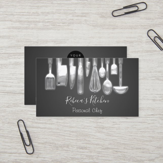 Carte De Visite Cuisine Personnel Chef Restaurant Cuisine Argent (Devant/Arrière en situation)