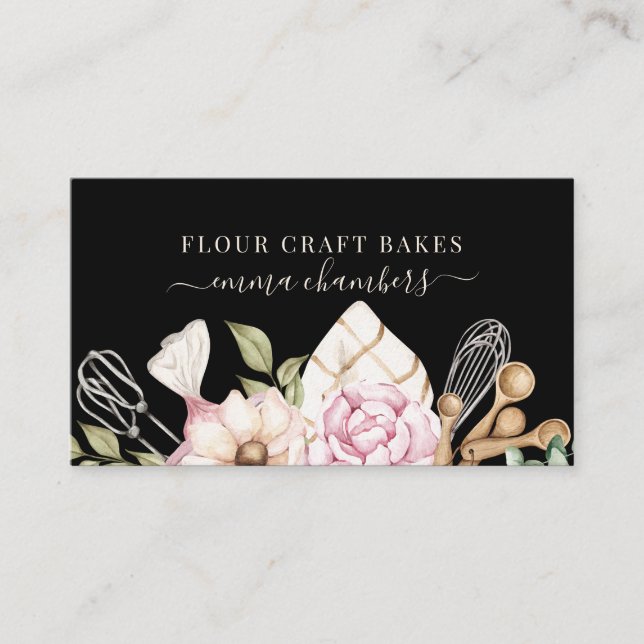 Carte De Visite Cuisinier boulanger Aquarelle Chef Outils Noir (Devant)