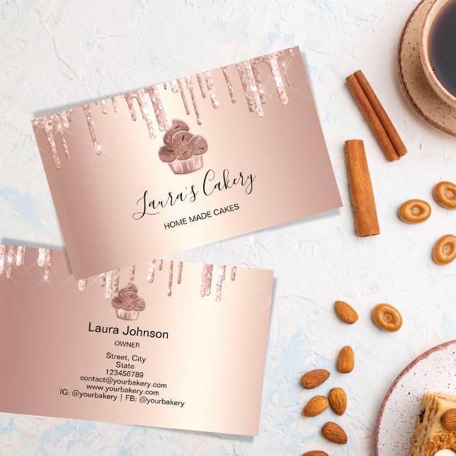 Carte De Visite Cupcake Bakery Pastry Chef Glitter Drips Rose Gold (Pastry and home made cakes business marketing material with a rose gold glitter cupcake design.)