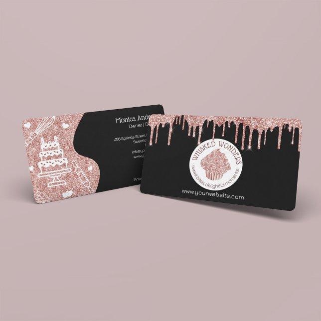 Carte De Visite Cupcake Bakery Pastry Chef Glitter Drips Rose Gold (Pastry Cake Bakery Glitter Rose Gold Pink Drips Business Card)