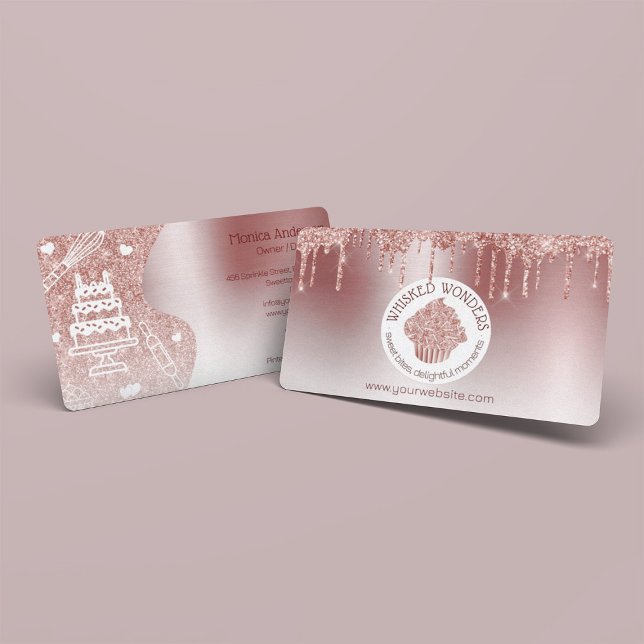 Carte De Visite Cupcake Bakery Pastry Chef Glitter Drips Rose Gold (Pastry Cake Bakery Glitter Rose Gold Pink Drips Business Card)