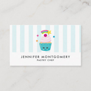 Carte De Visite Cupcake bleu mignon avec visage Kawaii