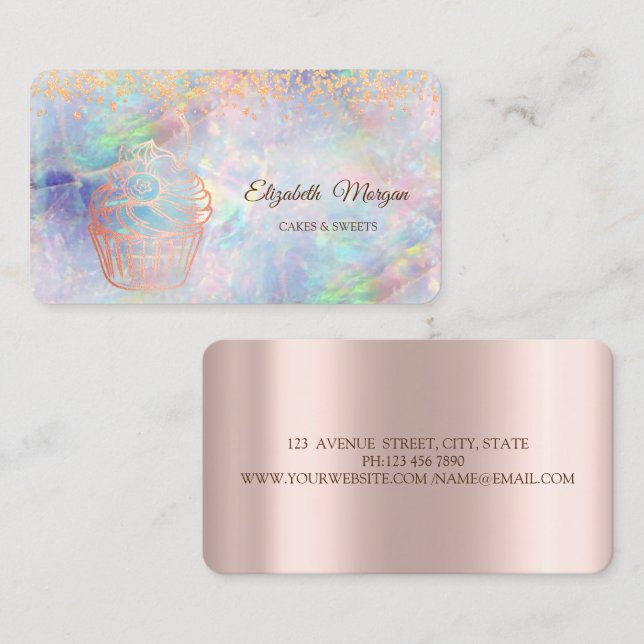 Carte De Visite Cupcake en or rose, Sucres, Boulangerie Opal (Devant / Derrière)