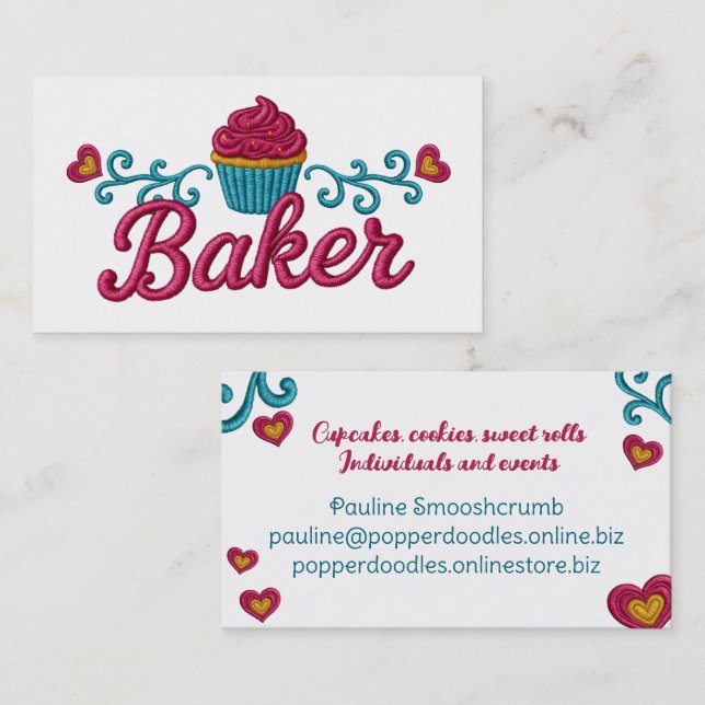 Carte De Visite Cupcake heart bakery baking faux embroidery (Devant / Derrière)