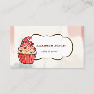 Carte De Visite Cupcake Hearts Bakery ,Trait de pinceau aquarelle
