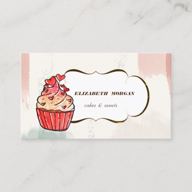 Carte De Visite Cupcake Hearts Boulangerie, Aquarelle Brush Stroke (Devant)