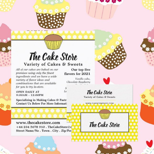 Carte De Visite Cupcake Jaune & Pointe Polka, Cake Maker, Cake Sto (Créateur téléchargé)