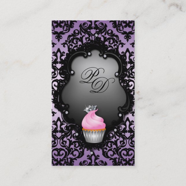 Carte de visite Cupcake Rétro Damask Noir violet (Devant)