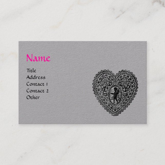 Carte De Visite CUPIDON NOIR DENTELLE COEUR MONOGRAMME Rose Papier (Devant)