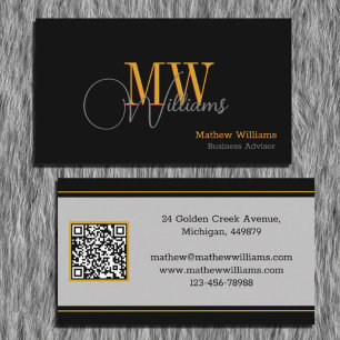 Carte De Visite Custom Black, Gold, Gray & QR Code, Monogram