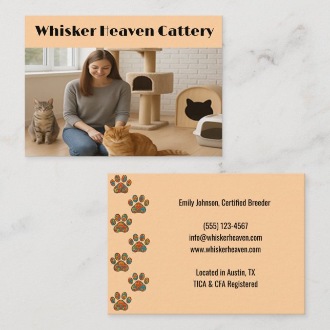 Carte De Visite Custom Cattery Business Card with Photo  (Devant / Derrière)