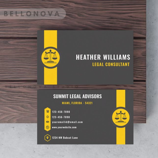 Carte De Visite Custom Dark Grey Black Yellow Département juridiqu (Custom Dark Grey Black Yellow Legal Department Business Card)