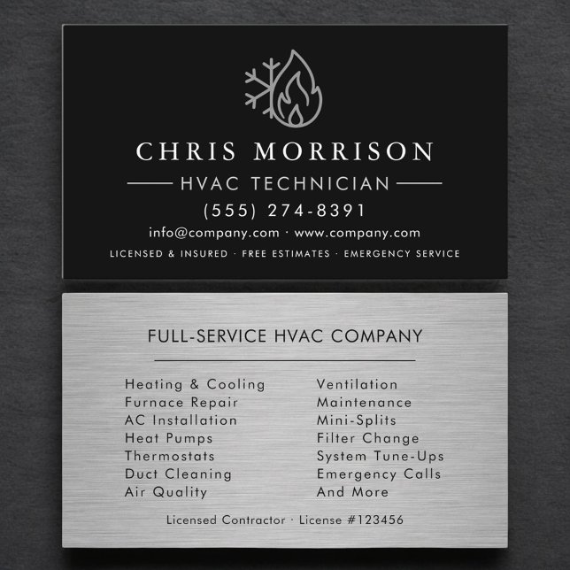 Carte De Visite Customizable HVAC Black Steel Logo Metallic (Créateur téléchargé)