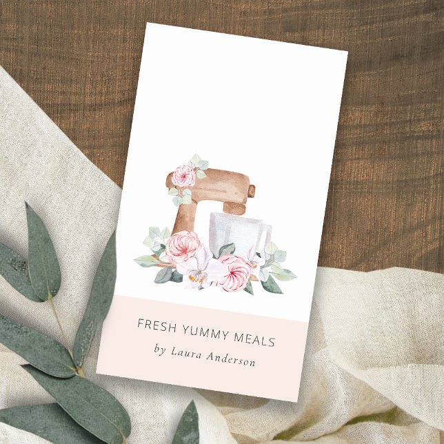 Carte De Visite Cute Blush Rose Floral Gâteau Mixer Boulangerie Re (Créateur téléchargé)