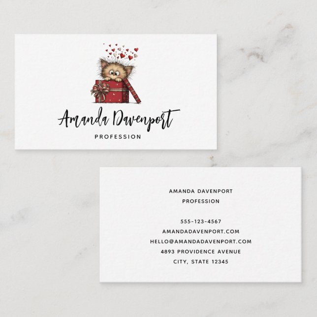 Carte De Visite Cute Cartoon Kitten in a Box with Hearts (Devant / Derrière)