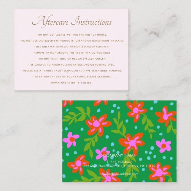Carte De Visite Cute Floral After Care pour Lash Extensions Salon (Devant / Derrière)