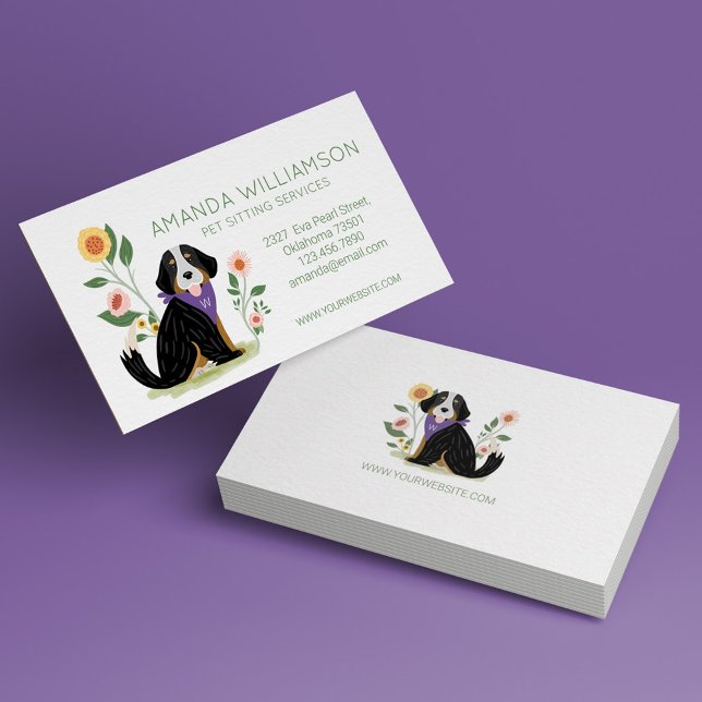 Carte De Visite Cute Floral Bernese Mountain Dog Services de soins (Créateur téléchargé)