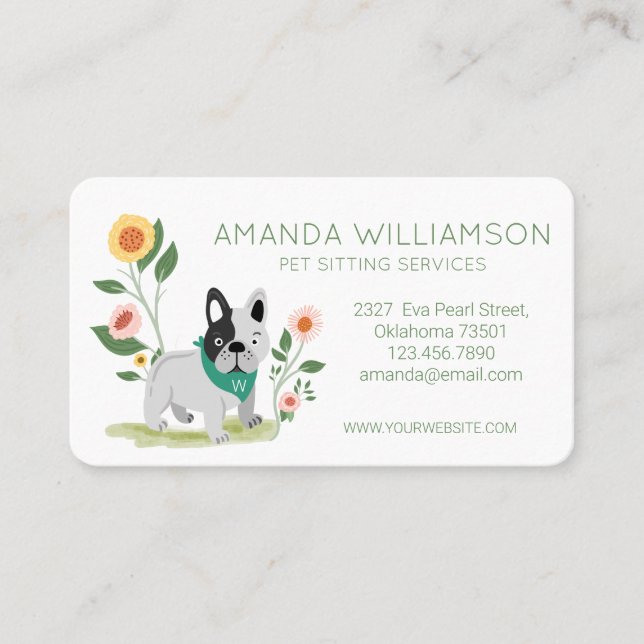 Carte De Visite Cute Floral Français Bulldog Services de soins pou (Devant)