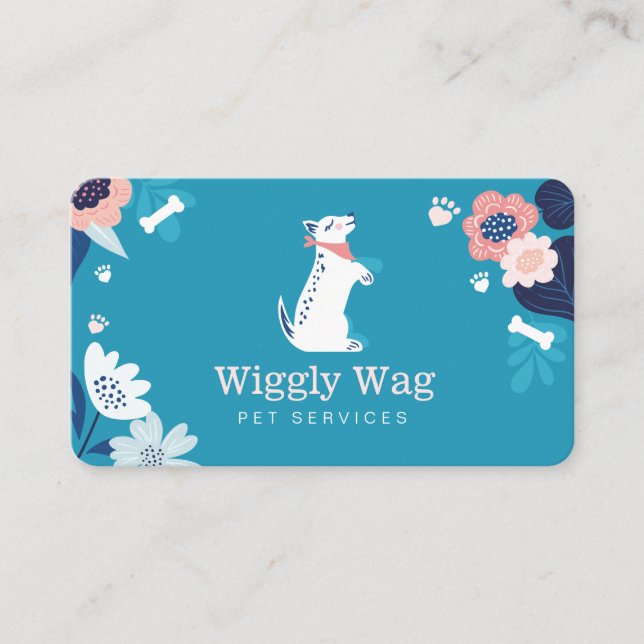 Carte De Visite Cute Happy Chien Floral Botanique Bleu Animaux Ser (Devant)