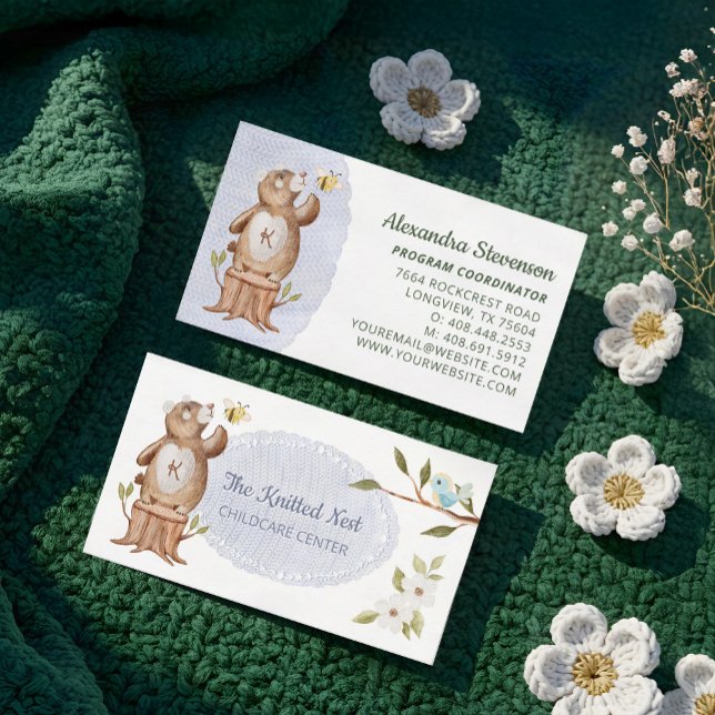 Carte De Visite Cute Knished Woodland Bear Fun Babysitter Garderie (Cute Knitted Woodland Bear Fun Babysitter Daycare Business Card)
