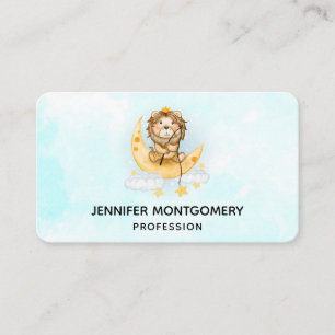 Carte De Visite Cute Lion Pêche sur la Lune Aquarelle Business