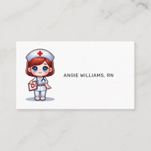 Carte De Visite Cute Manga Nurse avec cheveux rouge bleu yeux Pers