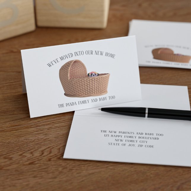 Carte De Visite Cute Nous avons déménagé Nouveau Accueil Changemen (Cute little folded moving announcement cards featuring a panda in a basket. Add your details)