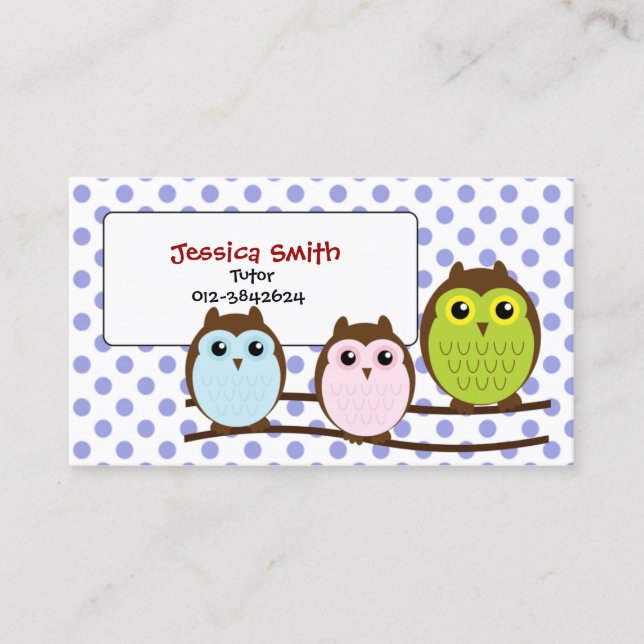 Carte De Visite Cute Owl Family Tutor Garde d'enfants Babysitter (Devant)