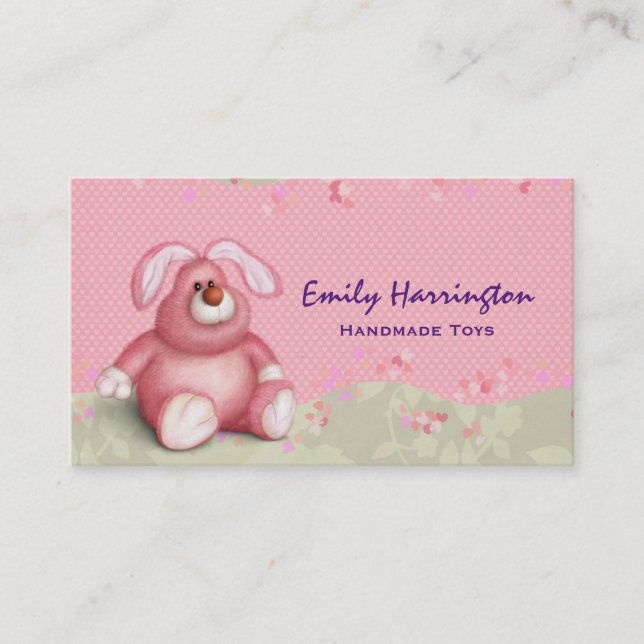 Carte De Visite Cute Pink Bunny Image with Hearts and Foliage (Devant)