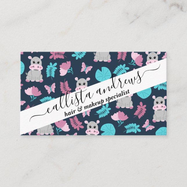 Carte De Visite Cute rose Turquoise Hippo Papillon Floral Lily Pad (Devant)