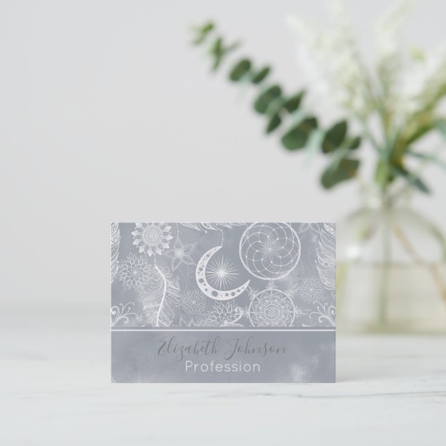 Carte De Visite Cute White & Grey Dreamcatcher Plumes Mandala (Debout devant)