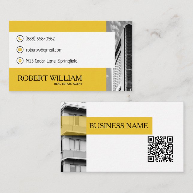 Carte de visite d'agent immobilier QR Code Jaune M (Devant / Derrière)