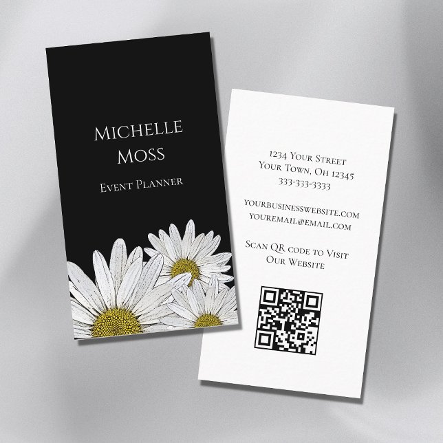Carte De Visite Daisies modernes QR code Black White Floral (Créateur téléchargé)