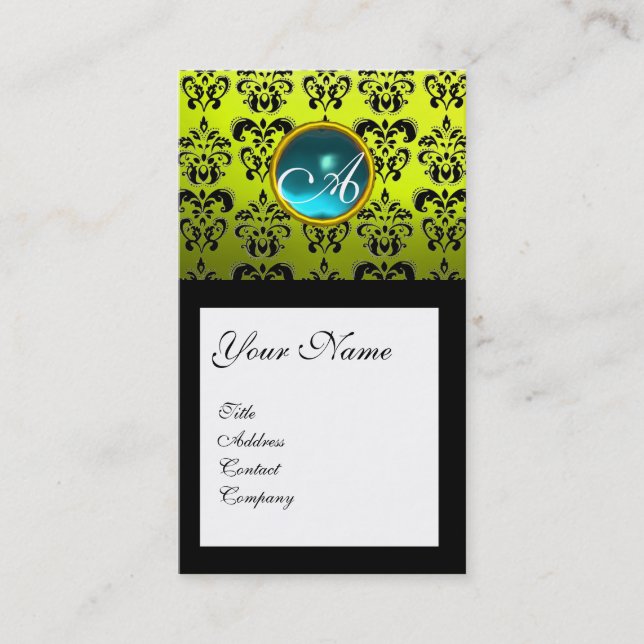 Carte De Visite DAMASK CARRÉ MONOGRAM, bleu aquamarine jaune (Devant)