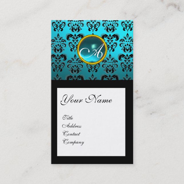 Carte De Visite DAMASK CARRÉ MONOGRAM, bleu turquase aquamarine (Devant)