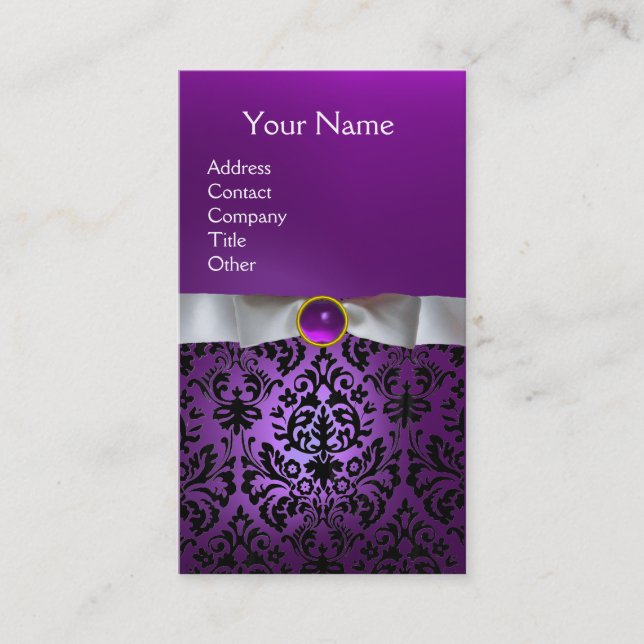 Carte De Visite DAMASK MONOGRAM gemme blanc violet ruban (Devant)