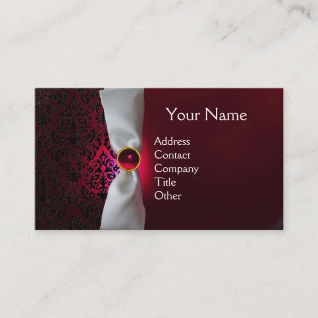 Carte De Visite DAMASK MONOGRAM ruban blanc noir rouge bordeaux (Devant)