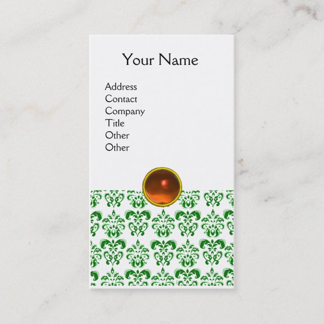 Carte De Visite DAMASK VERT MONOGRAMME orange (Devant)