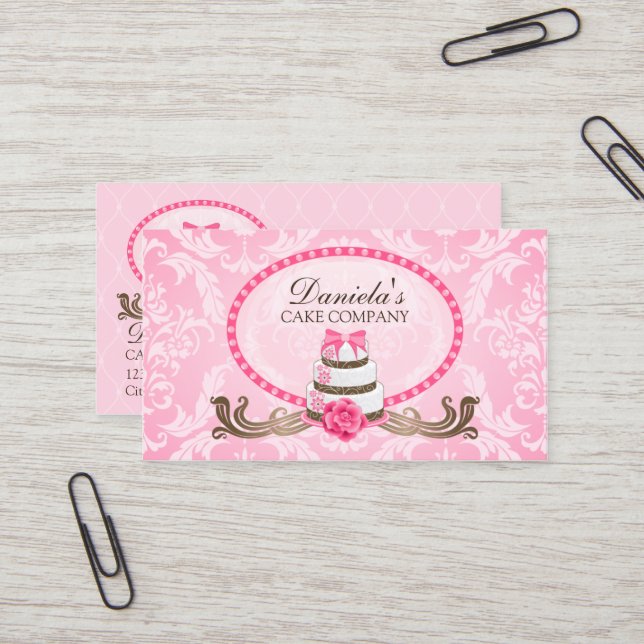 Carte De Visite Damassé élégante de boulangerie de gâteau (Devant/Arrière en situation)
