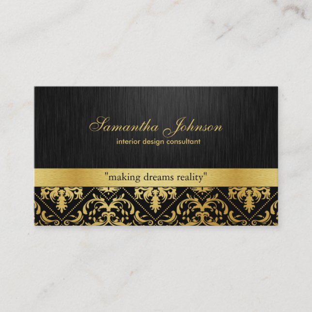 Carte De Visite Damassé élégante professionnelle de noir et d'or (Devant)