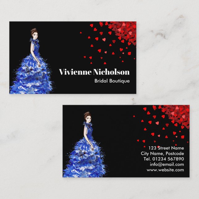 Carte De Visite Dame avec Bleu Étincelant Bleu Bleu Rouge Coeur Co (Devant / Derrière)