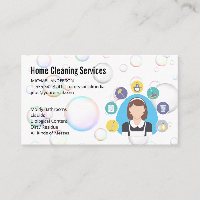 Carte De Visite Dame de nettoyage | Service de nettoyage | Bulles  (Devant)