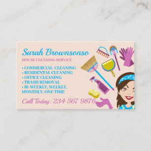 Carte De Visite Dame de service beige dessin animé fille nettoyage