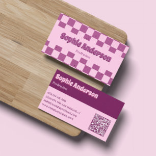 Carte De Visite Damier Rétro Rose et Violet avec Code QR