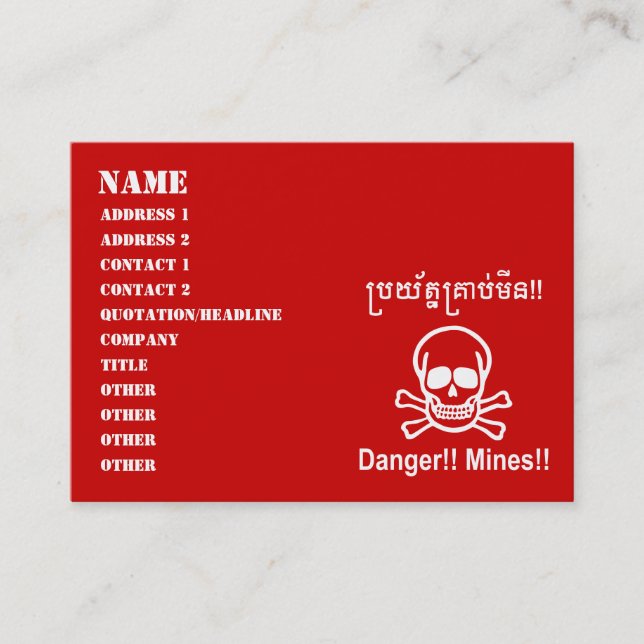 Carte De Visite Danger ! ! Les mines ! ! SYMBOLE ☠ Cambodgien Khme (Devant)
