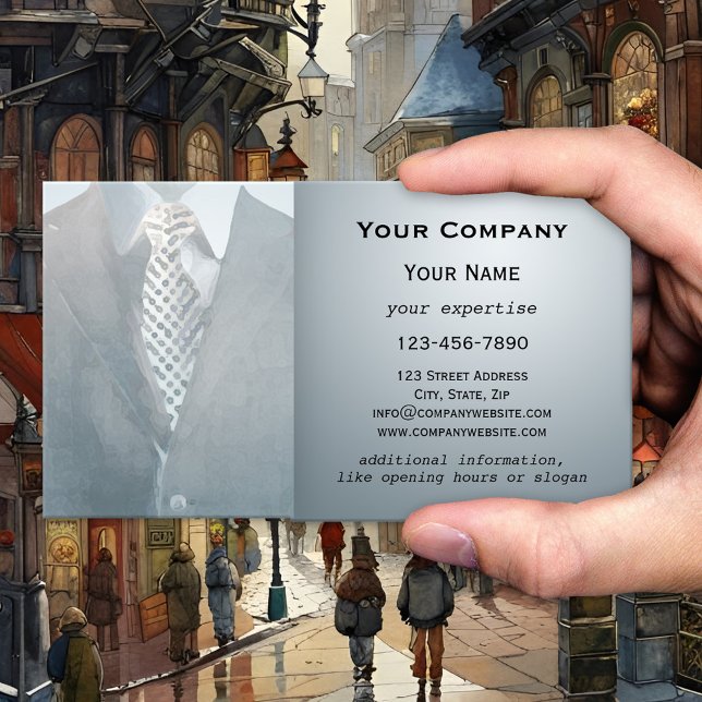 Carte de visite d'aquarelle bleu gris (Business card featuring a watercolor painting of a blue grey suit - men's fashion retail store)