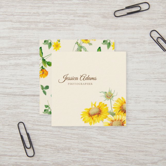 Carte de visite d'aquarelle de tournesol jaune rus (Devant/Arrière en situation)