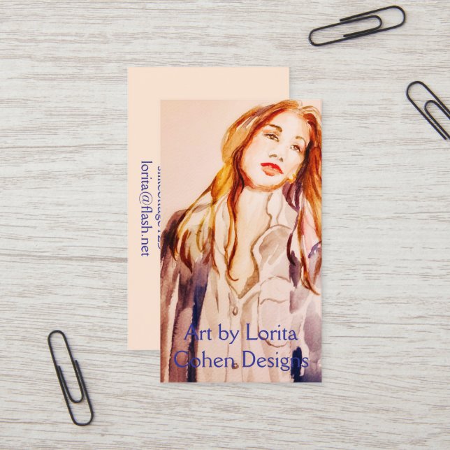 Carte de visite d'aquarelle par Lorita Cohen (Devant/Arrière en situation)