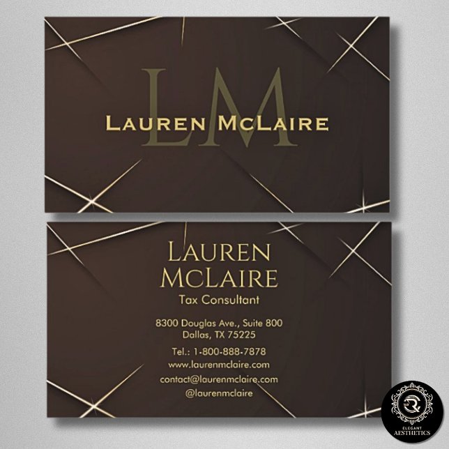 Carte De Visite Dark Brown & Gold Accent Monogram Business Card (Créateur téléchargé)
