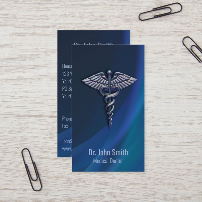 Carte De Visite Dark Chrome Holographique 3D Médicale Caduceus (Devant/Arrière en situation)